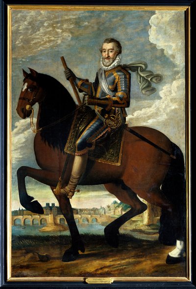Portret konny Henryka IV (1553-1610) króla Francji przed mostem Pont Neuf w Paryżu. Anonimowy obraz z XVII wieku. Olej na płótnie. Obowiązkowa wzmianka: Sully sur Loire, Chateau de Sully autorstwa French School