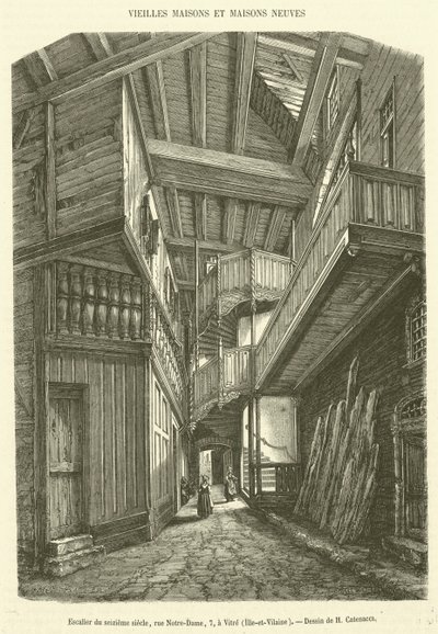 XVI-wieczna klatka schodowa, rue Notre-Dame, 7, w Vitre, Ille-et-Vilaine (grafika) autorstwa French School