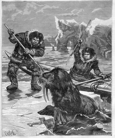 Eskimosi - łowienie morsów - Eskimosi - łowienie morsów w 1888 - - Grawerowanie w „Journal des Voyages”” 1888 autorstwa French School