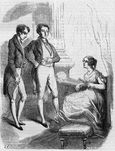 Eugeniusz de Rastignac przedstawiony Madame de Nucingen przez markiza Adjuda. Grawerowanie w połowie XIX wieku. Ilustracja do „Ojca Goriota” Honore de Balzac (1799-1850). autorstwa French School