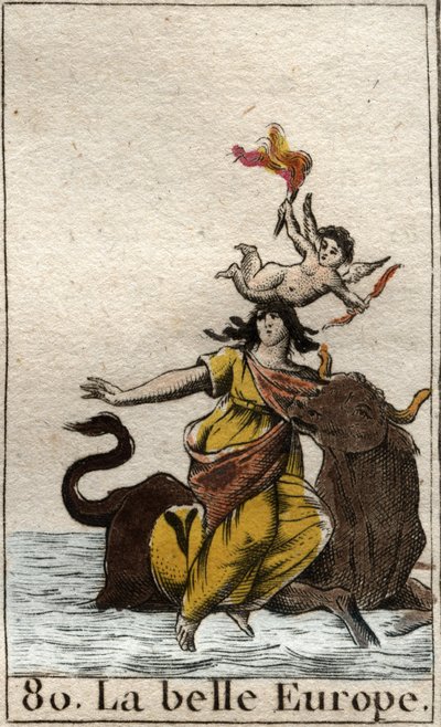 Europa porwana przez Zeusa w postaci byka z „Mythologie de la jeunesse” Pierre