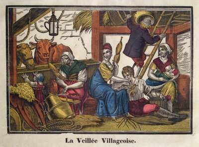 Życie wieczorne we wsi, początek XIX w. (kolor lito) autorstwa French School
