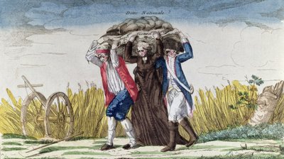 Wszyscy dźwigają ciężar podatków i długu narodowego, ok. 1789 (kolorowe grawerowanie) autorstwa French School