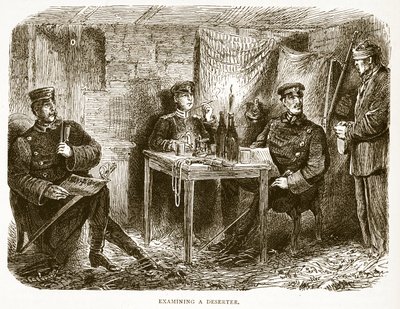 Badanie dezertera, ilustracja z Historii wojny Cassells między Francją a Niemcami, 1870-1871 autorstwa French School