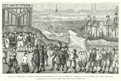 Egzekucja słynnego niemieckiego pirata Stoertecka i jego siedemdziesięciu wspólników w 1402 r. w Hamburgu; wg popularnego wizerunku z końca XVI wieku, City Bibl, Hamburg (rycina) autorstwa French School