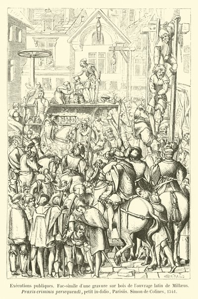 Egzekucje publiques, Fac-simile dune gravure sur bois de louvrage latin de Millaeus, Praxis criminis persequendi, petit in-folio, Parisiis, Simon de Colines, 1541 autorstwa French School