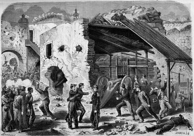 Wyprawa do Meksyku (1861-1867) - oblężenie Puebli - 1863: atak wojsk francuskich na szkielet (blok domu). Po wejściu do miasta francuscy żołnierze musieli walczyć kwadrans po kwadransie. Grawerowanie w „Świat I autorstwa French School