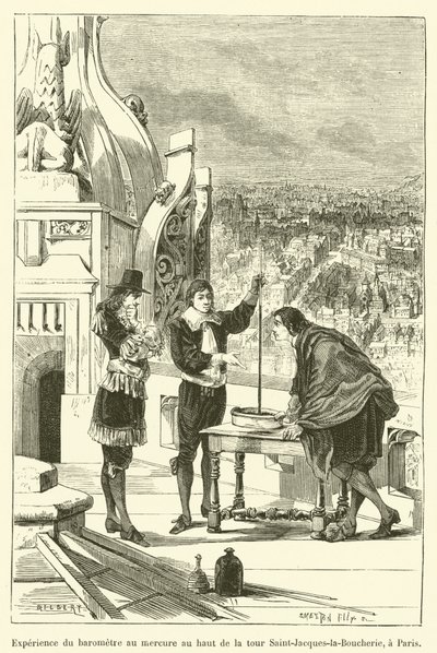 Doświadczenie barometru rtęci na szczycie wieży Saint-Jacques-la-Boucherie w Paryżu (grawerowanie) autorstwa French School