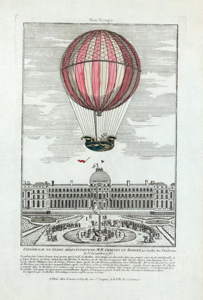 Doświadczenie aerostatycznego globu MM. Charles i Robert w Jardin des Thuileries 1 grudnia 1783, wyd. 1783 (grawerowanie ręcznie kolorowane) autorstwa French School