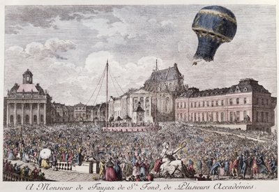 Eksperyment w Wersalu braci Montgolfier z lotem balonu na ogrzane powietrze Montgolfiere z koguta, kaczki i owcy 19 września 1783 r. autorstwa French School