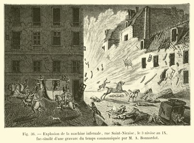 Eksplozja piekielnej maszyny, rue Saint-Nicaise, 3 Nivose, rok IX, faksymile ryciny z czasu przekazanej przez MA Bonnardota autorstwa French School