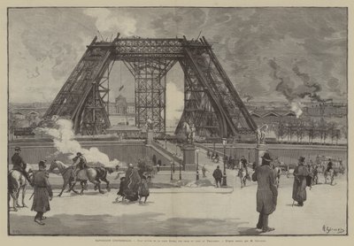 Exposition Universelle, obecny stan wieży Eiffla, widok z parku Trocadero (rycina) autorstwa French School
