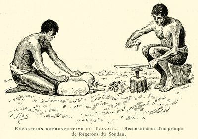 Retrospektywna wystawa Pracy, rekonstrukcja grupy kowali z Sudanu (grafika) autorstwa French School