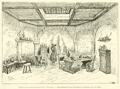 Retrospektywna wystawa Pracy, rekonstrukcja laboratorium aptekarza w XVII w. (grafika) autorstwa French School