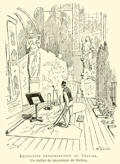 Retrospektywna wystawa Pracy, pracownia dekoratora teatralnego (grafika) autorstwa French School