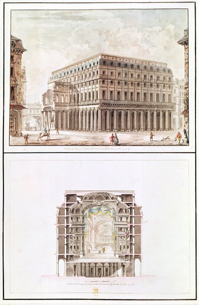 Zewnętrzna część i przekrój wnętrza Theatre des Varietes, 6 rue de Richelieu autorstwa French School