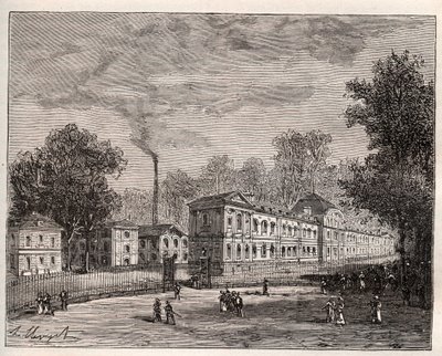 Widok z zewnątrz na Imperiale Fabrykę Porcelany w Sevres, wybudowaną w parku Saint Cloud według planów architekta Laudina - rycina w „Ilustracja Francji: geografia, historia, administracja statystyczna” autorstwa V.-A. Słodowo-Brązowy. 1884 autorstwa French School
