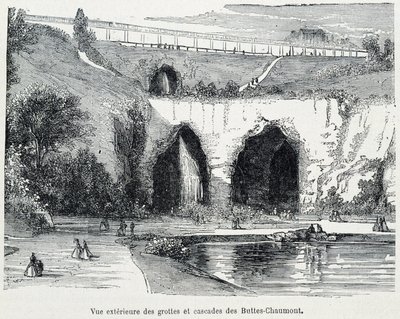 Zewnętrzny widok na kaskady i jaskinie Buttes Chaumont, rycina z XIX wieku autorstwa French School