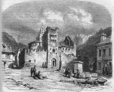 Widok z zewnątrz na kościół św. Andrzeja (kościół templariuszy), ufortyfikowany w XIV wieku. Luz święty Zbawiciel (Luz-Saint-Sauveur), Hautes Pyrenees (65) autorstwa French School