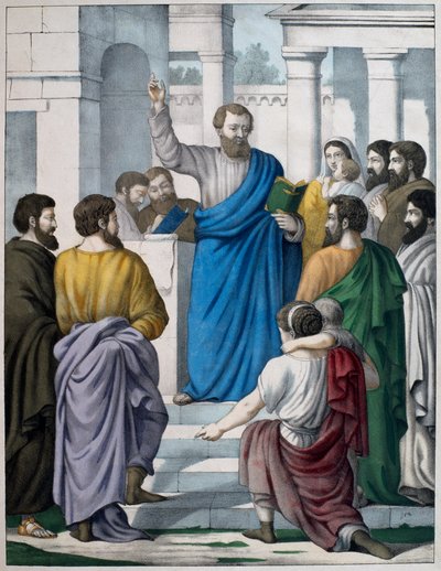 Ezdrasz czyta księgę Prawa Mojżeszowego, ilustracja z katechizmu LHistoire Sainte, wyd. Charles Delagrave, Paryż, koniec XIX w. autorstwa French School