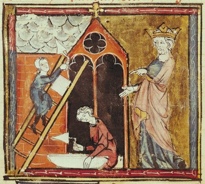 F.235v Król Ludwik VI (1080-1137) Oglądanie budowy kościoła, z Grandes Chroniques de France 1375-79 autorstwa French School