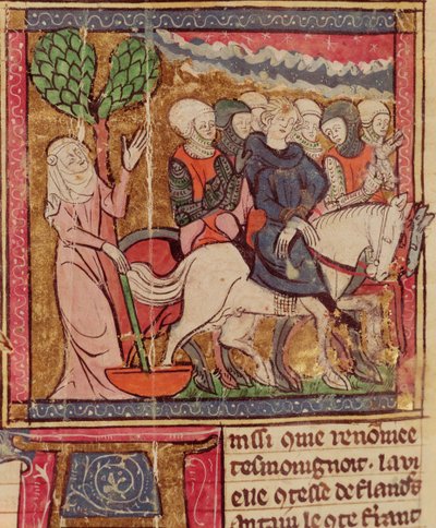 F.288r Ferdynand Portugalii (1186-1233) Hrabia Flandrii wzięty jako więzień do Paryża po bitwie pod Bouvines, 27 lipca 1214, Grandes Chroniques de France, 1375-79 autorstwa French School