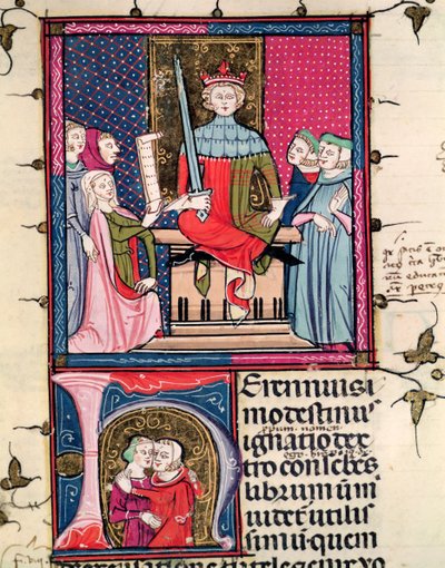 F.39r Prawo małżeńskie, cudzołożna żona pojawiająca się w sądzie, z Justiniani w Fortiatum autorstwa French School