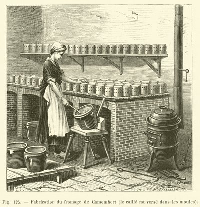 Produkcja sera Camembert, przepiórka wlewana jest do foremek (grawerowanie) autorstwa French School