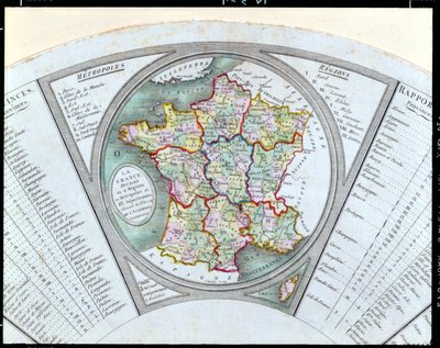 Wachlarz przedstawiający mapę Francji podzieloną na 9 regionów, 10 metropolii i 83 departamenty, 1790 autorstwa French School