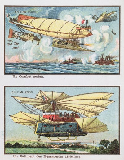 Fantazyjne przedstawienia bitwy powietrznej i samolotu do przewozu towarów w 2000 r., ok. 1910 r. autorstwa French School
