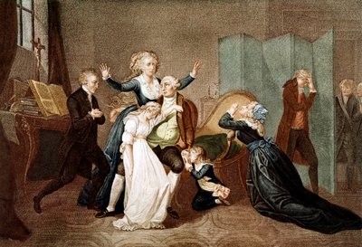Pożegnanie Ludwika XVI przez rodzinę w świątyni, 20 stycznia 1793 - Ostatni wywiad Ludwika XVI z rodziną (Marią Antoniną i ich dziećmi Marią Teresą lub Madame Royale (1778-1851) i Ludwikiem XVII (1785-1795), przeddzień jego egzekucji w T autorstwa French School