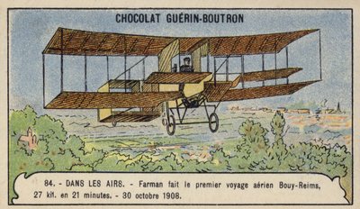 Farman wykonuje pierwszy przelot samolotem w Europie, z Bouy do Reims we Francji, 30 października 1908 (chromolitho) autorstwa French School