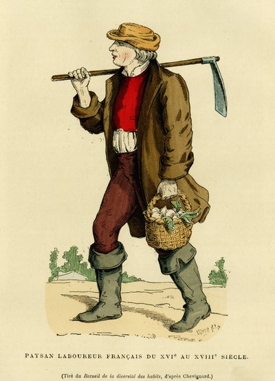 Garnitur chłopski od XVII do XVIII wieku. Grawerowanie barwne według rysunku Chevignarda, w „Francja et les francais a travers les century” Augustina Challamela, redaktora F.Roya, Paryż 1882. Kolekcja Selva. autorstwa French School