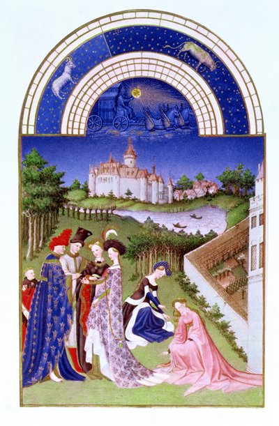 Faksymile z kwietnia: figury dworskie na terenie zamku autorstwa braci Limbourg, z Tres Riches Heures du Duc de Berry (oryginał patrz 8436) autorstwa French School