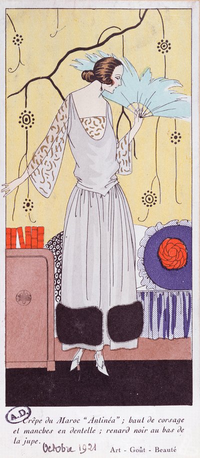 Talerz z modą przedstawiający wachlarz z piór, z Art, Gout, Beaute, 1921, (odbitka w pochoirze) autorstwa French School