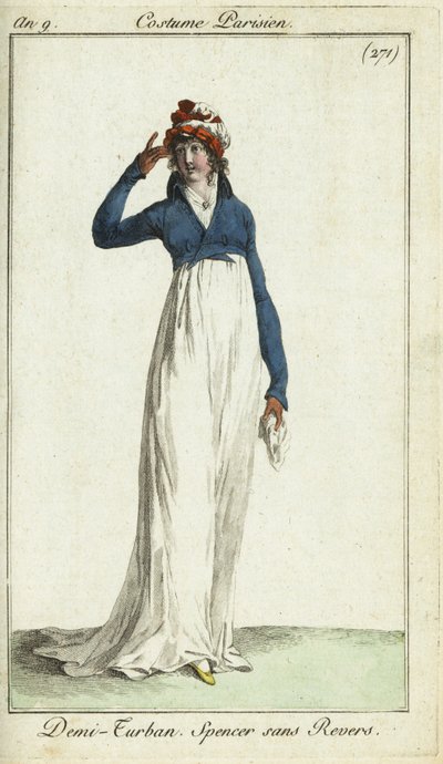 Modna kobieta w półturbanie i kurtce spencer autorstwa French School