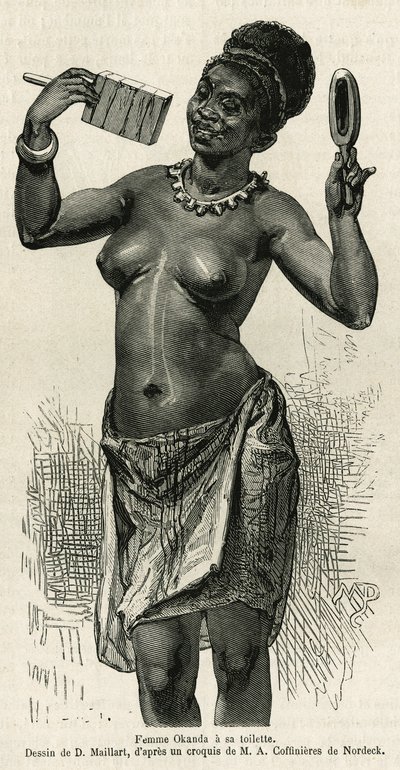 Femme Okanda ma swoją toaletę, rysowaną przez D.Maillarda, ilustrującą historię podróży do Gabonu i rzeki Ogoue, w latach 1875-1877, Alfreda Marche. Grawerowanie w Le tour du monde autorstwa French School
