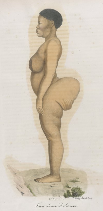 „Femme de race Bochismann”. Ta płyta najwyraźniej jest wizerunkiem Sary (Saartjie) Baartman (1789-1815), która była Khoisan sprowadzoną z Południowej Afryki, aby wystawić ją na publiczny pokaz na Piccadilly pod tytułem „Hottentot Wenus” z powodu tego, co b autorstwa French School