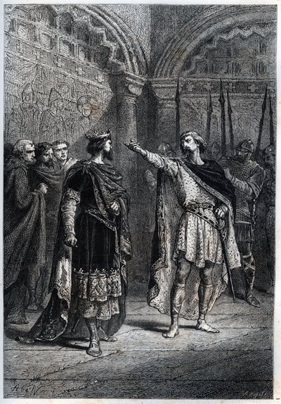 Reżim feodalny: „Kto uczynił cię królem? „” : Audebert (Adalbert), hrabia Perigord (968-995), zuchwale odpowiada królowi Hugues Capet (938-996), który zapytał go, kto go zmusił do liczenia - Grawerowana opona „Histoire de France” Guizota autorstwa French School