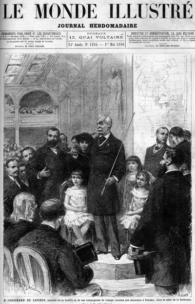 Ferdinand de Lesseps jest otoczony rodziną i towarzyszami podróży, opowiadając swoją podróż do Panamy w Salle de la Sorbonne. Okładka „Prześwietnego świata” z 1880 roku. autorstwa French School