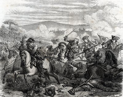 Ferdinand de Marsin śmiertelnie ranny w bitwie pod Turynem 1706 (rycina) autorstwa French School