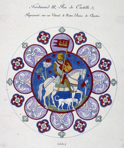 Fernand III, król Kastylii, przedstawia na witrażu Notre Dame de Chartres (1252). Porównanie uczelni. autorstwa French School