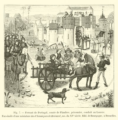 Ferrant Portugalii, hrabia Flandrii, więzień, wywieziony do Luwru, Faksymile miniatury z Chroniques de Hainaut, ms z XV w., Biblia de Bourgogne, Bruksela autorstwa French School