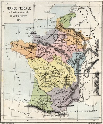 Feudalizm - Francja Feudalizm w czasie nadejścia Hugues Capet - 987 - grawer z „Historia Francji opowiedziana moim wnukom” - Francois Guizot - 1872-1876 autorstwa French School