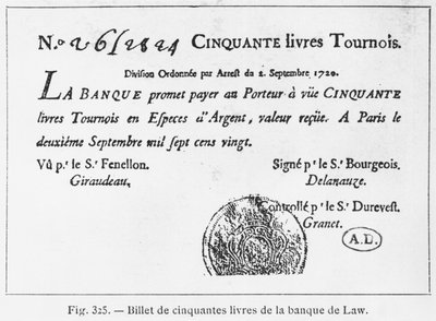 Pięćdziesięciofuntowy francuski banknot z Law Bank z dnia 2 września 1720 r autorstwa French School