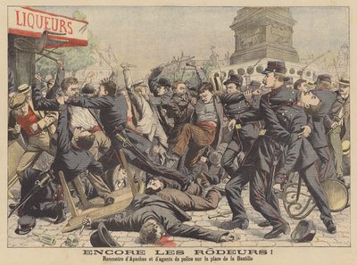 Walka między Apaczami a policją na Place de la Bastille w Paryżu (kolorowa litografia) autorstwa French School