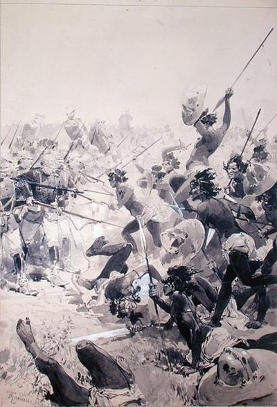 Walka między Zulusami a angielskimi żołnierzami, ok. 1878 (akwarela na papierze) autorstwa French School