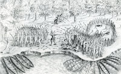 Walka z Huronami, z Voyage de Champlain w 1624 Samuel de Champlain, 1567-1635 autorstwa French School