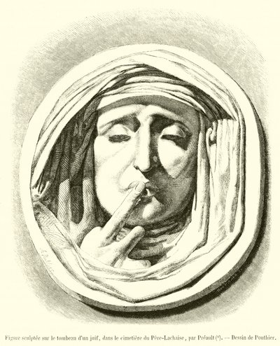 Figura wyrzeźbiona na nagrobku Żyda na cmentarzu Pere-Lachaise (rycina) autorstwa French School