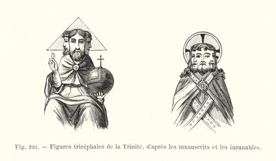 Trójgłowe figury Trójcy, z rękopisów i inkunabułów (rycina) autorstwa French School